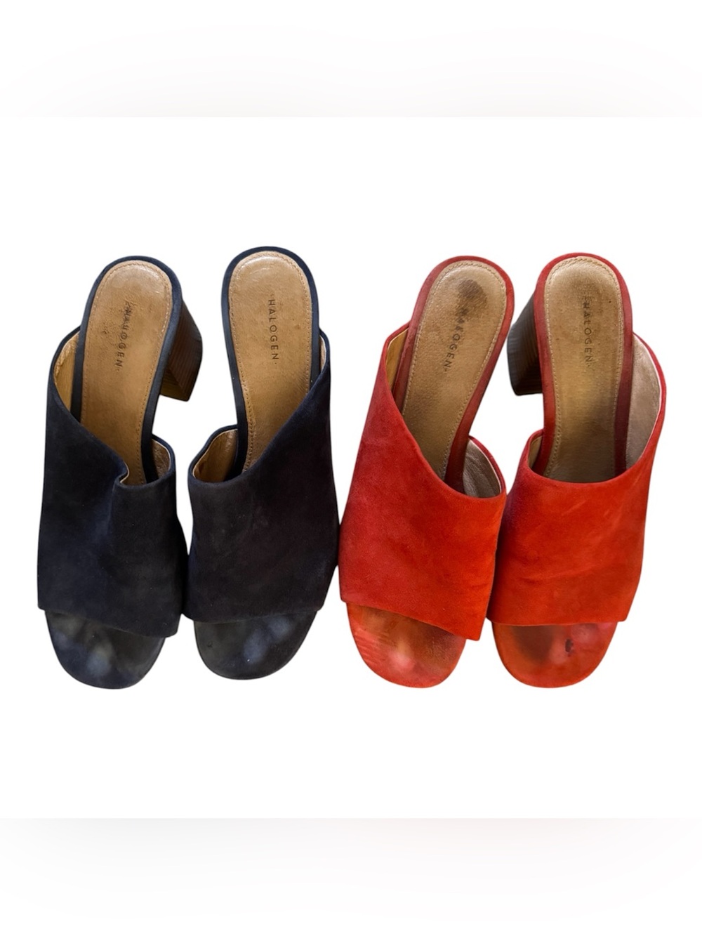 2 Pair Halogen Faye Asymmetrical
Slide Heeled Mule Sandal Blue & Red Suede